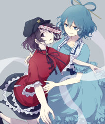 Rule 34 | 2girls, black skirt, blue dress, blue eyes, blue hair, blue headwear, breasts, c aracr, cabbie hat, chinese clothes, commentary request, dress, fingernails, frilled dress, frills, grey background, hagoromo, hair ornament, hair rings, hair stick, hand on another&#039;s back, hat, hat ornament, highres, kaku seiga, lace trim, looking at viewer, medium breasts, miyako yoshika, multiple girls, ofuda, pale skin, puffy short sleeves, puffy sleeves, purple eyes, purple hair, red shirt, shawl, shirt, short hair, short sleeves, simple background, skirt, smile, standing, star (symbol), star hat ornament, touhou, upper body, vest, white vest, zombie