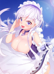 Rule 34 | 1girl, :d, apron, areola slip, arm guards, azur lane, bad id, bad pixiv id, belfast (azur lane), braid, breasts, chain, cleavage, clothes lift, cloud, collar, collarbone, corset, covered erect nipples, day, dress, dress lift, french braid, frilled apron, frilled dress, frilled gloves, frills, gloves, hip focus, large breasts, leaning forward, lens flare, lifting own clothes, maid, maid apron, maid headdress, no bra, open mouth, purple eyes, ratio (ratio-d), silver hair, single glove, sky, smile, solo, sparkle, white apron, white gloves