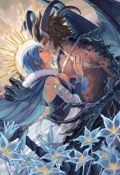 Rule 34 | 1boy, 1girl, aqua (kingdom hearts), blue hair, brown hair, claws, demon boy, demon horns, demon wings, dress, closed eyes, flower, gagged, hand on another&#039;s chest, highres, horns, imminent kiss, kingdom hearts, looking at another, nijuuni, parted lips, tears, terra (kingdom hearts), wings, yellow eyes