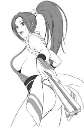 Rule 34 | 1girl, ass, bare shoulders, breasts, commentary, folded fan, folding fan, greyscale, hand fan, high ponytail, highleg, highres, holding, japanese clothes, large breasts, looking at viewer, looking back, monochrome, nigou, ninja, parted bangs, ponytail, revealing clothes, ribbon, rope, shimenawa, shiranui mai, sideboob, simple background, sleeveless, smile, solo, the king of fighters, thong, white background