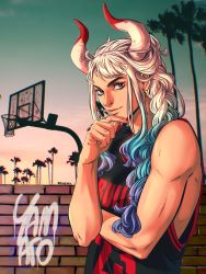 Rule 34 | 1girl, alternate costume, alternate hairstyle, aqua hair, bare arms, bare shoulders, basketball hoop, basketball jersey, basketball uniform, biceps, braid, brick wall, brown eyes, character name, contemporary, curled horns, earrings, ellie mehl, fingernails, graffiti, grey hair, hand on own chin, hand up, highres, horns, jewelry, lips, long hair, looking at viewer, multicolored hair, multicolored horns, nail polish, nose piercing, one piece, outdoors, piercing, purple hair, red horns, red nails, sidelocks, single braid, smile, solo, sportswear, toned, upper body, white horns, yamato (one piece)