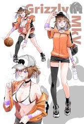 Rule 34 | 1girl, alternate costume, bag, ball, baseball cap, basketball, basketball (object), bikini, bikini top only, black shorts, black thighhighs, blush, bottle, breasts, breath, brown hair, character name, commission, dribbling (basketball), girls&#039; frontline, grizzly mkv (girls&#039; frontline), hat, highres, holding, holding bottle, jacket, large breasts, multiple views, open mouth, pixiv commission, purple eyes, shoes, short sleeves, shorts, simple background, single thighhigh, sneakers, steaming body, sweat, sweatband, swimsuit, tarutaru gungun, thighhighs, water bottle, white background, white bikini