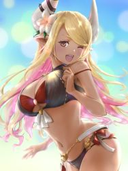 Rule 34 | 1girl, belly chain, bikini, black bikini, blonde hair, blurry, bokeh, breasts, cleavage, colored inner hair, commentary, cowboy shot, dark-skinned female, dark skin, depth of field, draph, flower, front-tie bikini top, front-tie top, granblue fantasy, hair flower, hair ornament, horns, jewelry, kumbhira (granblue fantasy), kumbhira (summer) (granblue fantasy), large breasts, long hair, looking at viewer, multicolored hair, navel, one eye closed, open mouth, pink hair, pointy ears, rei (happily-blue-butterfly), side-tie bikini bottom, smile, solo, standing, swept bangs, swimsuit, yellow eyes