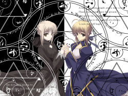 Rule 34 | 2girls, ahoge, artoria pendragon (fate), blonde hair, blue eyes, dress, dual persona, english text, fate/stay night, fate (series), gothic lolita, hair ribbon, holding hands, interlocked fingers, lolita fashion, long sleeves, looking at viewer, magic circle, making-of available, multiple girls, puffy sleeves, ribbon, saber (fate), saber alter, satomi (black scarecrow)