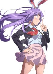 Rule 34 | 1girl, animal ears, black jacket, blazer, buttons, closed mouth, cowboy shot, fingernails, gyouza (mhea5724), hand on own hip, highres, index finger raised, jacket, long hair, long sleeves, necktie, open clothes, open jacket, pink skirt, pleated skirt, profile, purple hair, rabbit ears, red eyes, red necktie, reisen udongein inaba, shirt, simple background, skirt, solo, touhou, white background, white shirt