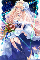 Rule 34 | 1girl, bad id, bad pixiv id, bare shoulders, blonde hair, blue eyes, bouquet, bridal veil, bride, choker, detached sleeves, dress, earrings, feathers, flower, gloves, hair flower, hair ornament, highres, jewelry, katsu ryouji, lace, long hair, macross, macross frontier, open mouth, rose, sheryl nome, single earring, sitting, smile, solo, strapless, strapless dress, tiara, veil, wedding dress, white flower, white rose