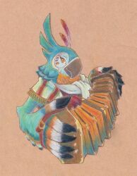 Rule 34 | 1boy, accordion, beak, bird, bird boy, blue feathers, feathers, furry, furry male, highres, holding, holding instrument, instrument, kass, music, nintendo, ozu (pixiv), playing instrument, scarf, solo, tan background, the legend of zelda, the legend of zelda: breath of the wild, traditional media, white scarf, yellow eyes