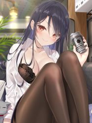 Rule 34 | 1girl, alcohol, ass, beer, black hair, black skirt, blue hair, blurry, blurry background, blush, bra, breasts, brown bra, brown pantyhose, cat, cleavage, collarbone, couch, drunk, ear piercing, hair between eyes, holding, lace, lace-trimmed bra, lace trim, large breasts, legs together, long hair, looking at viewer, miniskirt, multicolored hair, office lady, on couch, open clothes, open shirt, orange eyes, original, pantyhose, parted bangs, parted lips, piercing, plant, shirt, sitting, skirt, smile, solo, thighband pantyhose, thighs, underwear, white shirt, yano mitsuki (nanairo)