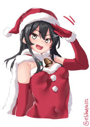 Rule 34 | 1girl, alternate costume, black hair, blush, breasts, christmas, dress, ebifurya, elbow gloves, fur-trimmed dress, fur trim, gloves, grey eyes, hair ornament, hairclip, hat, highres, kantai collection, long hair, looking at viewer, open mouth, oyashio (kancolle), red dress, red gloves, santa costume, santa dress, santa hat, simple background, small breasts, smile, solo, twitter username, white background