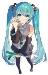 1girl :3 aqua_eyes aqua_hair aqua_necktie aqua_trim bare_shoulders black_skirt black_sleeves black_thighhighs blush closed_mouth collared_shirt detached_sleeves food full_body grey_shirt hair_ornament hand_up hashtag-only_commentary hatsune_miku highres holding holding_food holding_spring_onion holding_vegetable long_hair necktie pleated_skirt shirt simple_background skirt sleeveless sleeveless_shirt smile solo spring_onion standing thighhighs twintails uminokaisen vegetable very_long_hair vocaloid white_background