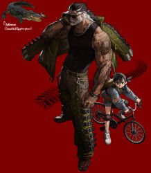 Rule 34 | 1boy, 1girl, absurdres, age difference, arm tattoo, backpack, bag, bag charm, bandana, beard, bicycle, bird, black hair, black shirt, bracelet, braid, buckle, chain, chain necklace, charm (object), child, crocodile, crocodilian, denim, denim jacket, egyptian plover, english text, eyebrow cut, facial hair, glasses, height difference, highres, holding, holding clothes, holding jacket, jacket, jacket over shoulder, jewelry, knee pads, leather, leather jacket, looking at viewer, medium hair, multicolored hair, muscular, muscular male, necklace, old, old man, original, personification, red background, reference inset, reptile, retro artstyle, riding, riding bicycle, rinotuna, scar, scar on arm, scar on neck, shirt, short ponytail, shorts, size difference, skid mark, sunglasses, tank top, tattoo, twin braids, two-tone hair, unworn jacket, white hair