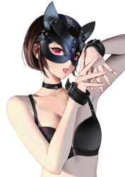 Rule 34 | 1girl, black bra, black choker, black mask, bra, breasts, brown hair, choker, cleavage, commentary, english commentary, eye mask, eyebrow piercing, highres, looking at viewer, mask, medium breasts, minj kim, nail polish, original, piercing, pink eyes, pink nails, short hair, simple background, solo, tongue, tongue out, underwear, underwear only, upper body, white background, wristband