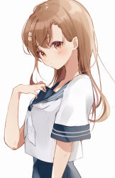 Rule 34 | 1girl, :&lt;, blue skirt, blush, breasts, brown eyes, brown hair, closed mouth, commentary, eyebrows, flower, from side, hair flower, hair ornament, hair strand, hairclip, hand on own chest, head tilt, highres, himaneko., long hair, looking at viewer, misaka mikoto, outstretched arms, sailor collar, school uniform, serafuku, shirt, short sleeves, simple background, skirt, small breasts, solo, toaru kagaku no railgun, toaru majutsu no index, upper body, white background, white flower, white shirt