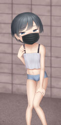 Rule 34 | 1girl, absurdres, bare legs, black hair, blue eyes, feet out of frame, female focus, hair ornament, hairclip, hand on own thigh, highres, looking at viewer, mask, midriff, mouth mask, navel, original, paid reward available, sc naru, short shorts, shorts, solo, spaghetti strap, standing, thigh gap, thighs
