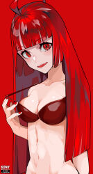 Rule 34 | 1girl, absurdres, ahoge, artist name, blunt bangs, blunt ends, bra, bra pull, breasts, cleavage, clothes pull, collarbone, commentary, english commentary, fang, highres, hololive, hololive indonesia, kureiji ollie, long hair, looking at viewer, medium breasts, nail polish, navel, nkonya, olivia (kureiji ollie), parted lips, red background, red bra, red eyes, red hair, red nails, ringed eyes, simple background, solo, twitter username, underwear, underwear only, upper body, virtual youtuber, watermark