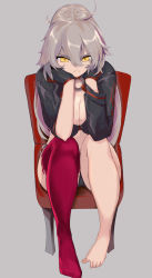Rule 34 | 1girl, ahoge, barefoot, bikini, breasts, chair, cleavage, commentary request, fate (series), frown, full body, gloves, grey background, grey hair, hair between eyes, hands on own cheeks, hands on own face, jacket, jeanne d&#039;arc alter (swimsuit berserker) (fate), jeanne d&#039;arc (fate), jeanne d&#039;arc alter (fate), jeanne d&#039;arc alter (swimsuit berserker) (fate), kanameya, large breasts, long hair, long sleeves, looking at viewer, shrug (clothing), simple background, single thighhigh, sitting, solo, swimsuit, thighhighs, yellow eyes