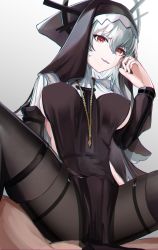 Rule 34 | 1girl, absurdres, arknights, black headwear, black pantyhose, breasts, cameltoe, commentary, covered navel, grey hair, habit, highres, jewelry, large breasts, mizuhashi parusui, necklace, nun, pantyhose, parted lips, red eyes, simple background, smile, specter (arknights), spread legs, white background