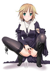 Rule 34 | 1girl, bar censor, black thighhighs, blonde hair, blush, censored, clothes lift, cup, dress, dress lift, garter straps, green eyes, nun, panties, peeing, peeing in cup, pussy, seikon no qwaser, shimono jin, spread pussy, tagme, teresa beria, thighhighs, underwear, white panties