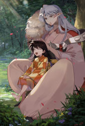 Rule 34 | 1boy, 1girl, armor, barefoot, black footwear, black hair, checkered clothes, checkered kimono, child, closed eyes, crescent, day, facial mark, forehead mark, forest, grass, highres, inuyasha, japanese clothes, kimono, light rays, long hair, looking at another, nature, one side up, outdoors, pants, parted bangs, peach luo, pointy ears, rin (inuyasha), sash, sesshoumaru, shoes, sitting, sitting on lap, sitting on person, smile, spikes, tree, tying hair, white hair, white pants, yellow eyes