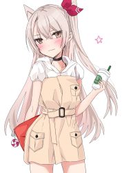 Rule 34 | 1girl, alternate costume, amatsukaze (kancolle), bag, beige dress, black choker, brown eyes, casual, chigasaki yukari, choker, contrapposto, cowboy shot, cup, disposable cup, highres, kantai collection, long hair, looking at viewer, shirt, short sleeves, silver hair, simple background, smile, solo, tumbler, two side up, white background, white shirt