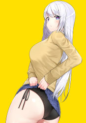 Rule 34 | 1girl, absurdres, ass, beige sweater, black panties, blue eyes, blue skirt, blush, breasts, clothes lift, highres, large breasts, lifted by self, long hair, long sleeves, looking at viewer, looking back, original, panties, simple background, skirt, skirt lift, solo, suzuharu toufu, underwear, white hair, yellow background