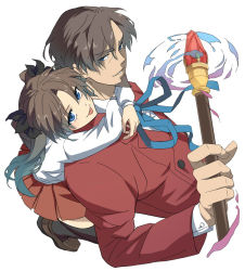 Rule 34 | 1boy, 1girl, 92 (artist), :p, blue eyes, brown hair, cane, facial hair, fate/zero, fate (series), father and daughter, formal, gem, goatee, hetero, hug, hug from behind, staff, suit, tohsaka rin, tohsaka tokiomi, tongue, tongue out, twintails