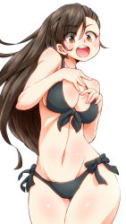 Rule 34 | 1girl, :d, aono3, asymmetrical bangs, bikini, black bikini, breasts, brown eyes, brown hair, cleavage, commentary, cowboy shot, front-tie top, girls und panzer, groin, halterneck, hands on own chest, highres, long hair, looking at viewer, medium breasts, navel, nishi kinuyo, open mouth, side-tie bikini bottom, simple background, smile, solo, straight hair, swimsuit, white background