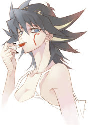 Rule 34 | 1girl, black hair, blonde hair, blue eyes, breasts, cleavage, cosmetics, fineap, fudo yusei, gender request, genderswap, large breasts, lipstick, lipstick mark, lipstick tube, looking at viewer, makeup, multicolored hair, nail polish, simple background, spiked hair, strap gap, streaked hair, tank top, tattoo, two-tone hair, white background, yu-gi-oh!, yu-gi-oh! 5d&#039;s