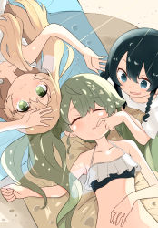 Rule 34 | 3girls, anchovy (girls und panzer), arms up, barashiya, beach, beach towel, bikini, black bikini, black eyes, black hair, blonde hair, braid, carpaccio (girls und panzer), closed eyes, closed mouth, commentary, dappled sunlight, drill hair, finger to another&#039;s mouth, frilled bikini, frills, from above, girls und panzer, green eyes, green hair, highres, long hair, looking at viewer, lying, multiple girls, on back, on ground, on stomach, open mouth, parted lips, pepperoni (girls und panzer), shade, short hair, side braid, sleeping, smile, sunlight, swimsuit, towel, twin drills, twintails
