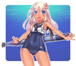 Rule 34 | 10s, 1girl, bad id, bad pixiv id, blonde hair, blue eyes, crop top, flower, hair flower, hair ornament, kantai collection, long hair, one-piece swimsuit, ro-500 (kancolle), sailor collar, school swimsuit, swimsuit, swimsuit under clothes, tan, tanline, torpedo, yukimura tsubame