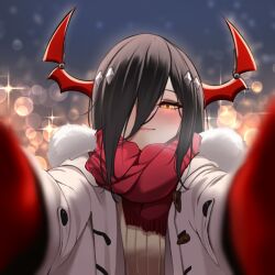 Rule 34 | 1girl, azur lane, black hair, blurry, blurry background, blush, closed mouth, coat, duffel coat, friedrich der grosse (azur lane), gloves, hair over one eye, horns, long hair, long sleeves, looking at viewer, meme, pov, pov cheek warming (meme), red gloves, red horns, red scarf, scarf, smile, solo, upper body, whitter, yellow eyes