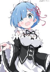 Rule 34 | 1girl, absurdres, artist name, blue eyes, blue hair, blush, breasts, commentary request, detached sleeves, dress, frills, hair ornament, hair ribbon, highres, looking at viewer, maid, maid headdress, medium breasts, open mouth, pink ribbon, re:zero kara hajimeru isekai seikatsu, rem (re:zero), ribbon, ribbon-trimmed clothes, ribbon trim, roswaal mansion maid uniform, short hair, signature, simple background, skirt hold, solo, teeth, upper teeth only, white background, white gorilla (okamoto), x hair ornament