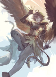 Rule 34 | 1boy, ahoge, armor, backlighting, boots, breastplate, brown hair, brown wings, cape, commentary request, empty eyes, evil smile, feathered wings, fingerless gloves, floating cape, floating clothes, full body, gloves, granblue fantasy, green cape, hair between eyes, high heel boots, high heels, highres, holding, holding sword, holding weapon, hood, hood down, knee up, male focus, messy hair, pants, sandalphon (granblue fantasy), smile, solo focus, sword, tekki (tki), tight clothes, tight pants, waving, weapon, wings