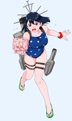 Rule 34 | 1girl, :3, animal print, bare shoulders, black bow, black hair, bow, breasts, brown eyes, cannon, collarbone, commentary, full body, groin, hair between eyes, highres, holding, kantai collection, large breasts, looking at viewer, machinery, ojipon, one-piece swimsuit, open mouth, polka dot, polka dot swimsuit, rabbit print, reaching, reaching towards viewer, rigging, sandals, scrunchie, simple background, smokestack, solo, standing, swimsuit, tearing up, tears, thigh strap, torpedo, torpedo tubes, turret, ushio (kancolle), wrist scrunchie