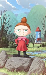 Rule 34 | 1girl, aposine, boots, bow, brown hair, cloud, day, grass, green eyes, hands on own hips, highres, hill, little my, moomin, outdoors, rock, scenery, short hair, sky, smile, standing, topknot, tree