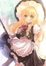 Rule 34 | 1girl, apron, black hat, black skirt, black vest, blonde hair, bow, braid, broom, buttons, frilled skirt, frills, hair bow, hat, highres, kirisame marisa, long hair, looking at viewer, open mouth, puffy short sleeves, puffy sleeves, shirt, short sleeves, single braid, skirt, smile, solo, touhou, vest, waist apron, waving, white apron, white bow, white shirt, wrist cuffs, wristband, yellow eyes, yomogi 9392