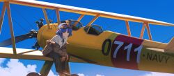Rule 34 | 1girl, absurdres, aircraft, airplane, biplane, blue hair, blue sky, bocchi the rock!, brown footwear, brown gloves, brown jacket, cloud, day, gloves, goggles, goggles on head, highres, jacket, jl tan, looking at viewer, medium hair, military, military vehicle, outdoors, propeller, shirt, sky, solo, vehicle focus, white shirt, yamada ryo, yellow eyes