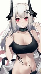 Rule 34 | 1girl, absurdres, arknights, black choker, black nails, breasts, choker, cleavage, commentary request, crop top, hands up, highres, horns, infection monitor (arknights), large breasts, long hair, looking at viewer, midriff, mudrock (arknights), nail polish, navel, parted lips, pointy ears, red eyes, simple background, solo, sports bra, stomach, upper body, very long hair, wakamepiza, white background, white hair
