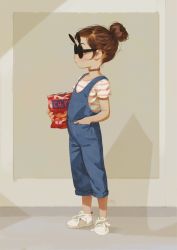 Rule 34 | 1girl, alkemanubis, bag of chips, brown hair, child, choker, denim, earrings, female focus, food, from side, full body, glasses, grey background, hair bun, hand in pocket, highres, holding, holding food, jewelry, looking away, original, overalls, profile, shadow, shirt, shoes, short hair, single hair bun, sneakers, solo, standing, striped clothes, striped shirt, sunglasses