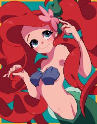 Rule 34 | 1girl, aqua background, ariel (disney), arms at sides, bikini, blue eyes, blush, border, breasts, curly hair, eyelashes, floating hair, flower, hair flower, hair ornament, hand in own hair, happy, long hair, looking up, mermaid, monster girl, navel, no nose, orange border, pink flower, red hair, sameyama jiro, shaded face, shell, shell bikini, simple background, small breasts, smile, solo, stomach, swimsuit, the little mermaid, upper body, very long hair