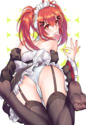 Rule 34 | 1girl, aki663, ass, bare shoulders, black dress, black thighhighs, blush, condom, condom in mouth, condom wrapper, detached sleeves, dress, feet, frills, from behind, garter straps, hair ornament, hairclip, long hair, looking at viewer, looking back, lying, maid, maid headdress, mouth hold, no shoes, ok sign, on stomach, original, panties, red eyes, red hair, solo, star-shaped pupils, star (symbol), symbol-shaped pupils, thighhighs, twintails, underwear, white panties