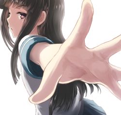 Rule 34 | 10s, 1girl, black hair, blue skirt, blunt bangs, brown eyes, collared shirt, eyebrows, foreshortening, from side, hatsuyuki (kancolle), hime cut, kantai collection, long hair, looking back, open hand, open mouth, outstretched arm, outstretched hand, parted lips, pleated skirt, school uniform, serafuku, shirt, short sleeves, sidelocks, simple background, skirt, solo, tooi aoiro, upper body, white background