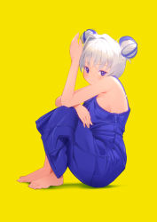 Rule 34 | 1girl, aduo, bare arms, bare shoulders, barefoot, blush, breasts, cleavage, double bun, full body, hair bun, highres, knees up, looking at viewer, medium breasts, multicolored hair, original, overalls, purple eyes, purple hair, short hair, sideboob, silver hair, simple background, sitting, smile, solo, two-tone hair, yellow background