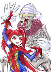 Rule 34 | 1boy, 1girl, bodysuit, bright pupils, chrono cross, commentary request, facepaint, gloves, harle (chrono cross), harlequin, hat, holding hands, hollow eyes, jester cap, leotard, red eyes, red gloves, red leotard, s-a-murai, simple background, skelly, smile, white background
