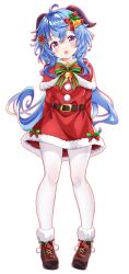 Rule 34 | 1girl, absurdres, aged down, arms behind back, bell, blue hair, blush, boots, capelet, christmas, full body, fur trim, ganyu (genshin impact), genshin impact, hair ornament, highres, horns, long hair, looking at viewer, low ponytail, neck bell, open mouth, pantyhose, purple eyes, red capelet, red skirt, santa costume, skirt, smile, solo, standing, white background, white pantyhose, yuki kokoro