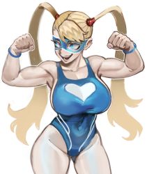 Rule 34 | 1girl, :d, bare shoulders, blonde hair, blue eyes, blue one-piece swimsuit, breasts, competition swimsuit, covered navel, heart, highres, large breasts, long hair, mask, muscular, muscular female, nero (neroartbox), one-piece swimsuit, open mouth, rainbow mika, simple background, smile, solo, street fighter, swimsuit, twintails, white background, wrestling mask, wrestling outfit