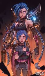 Rule 34 | 1girl, absurdres, age difference, arcane: league of legends, blue eyes, blue hair, braid, dual persona, fingerless gloves, gloves, gun, highres, jinx (league of legends), league of legends, lips, long hair, pink eyes, snartles, twin braids, twintails, very long hair, weapon, weapons, aged down