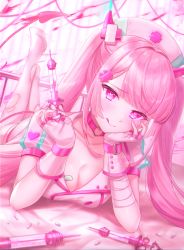 Rule 34 | 1girl, azur lane, bandaged arm, bandages, bandaid, bandaid on breast, bed, blunt bangs, blush, breasts, buttons, choker, cleavage, demon horns, demon tail, double-breasted, fingerless gloves, gloves, hair ornament, hairclip, hat, head on hand, head rest, heart, heart-shaped pupils, heart o-ring, highres, holding, holding syringe, horns, hospital bed, legs up, licking lips, long hair, looking at viewer, lushuao, lying, medium breasts, nail polish, no shoes, nurse, nurse cap, o-ring, o-ring choker, on bed, on stomach, original, perseus (azur lane), pill, pink eyes, pink hair, pink theme, short sleeves, smile, solo, sparkle, symbol-shaped pupils, syringe, tail, the pose, thighhighs, tongue, tongue out, torn clothes, torn thighhighs, twintails, uniform, very long hair