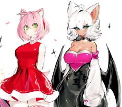 Rule 34 | 2girls, amy rose, animal ears, arm behind back, bare shoulders, bat ears, bat wings, black choker, blue eyeshadow, blush, breasts, choker, cleavage, closed mouth, detached sleeves, dress, eyeshadow, green eyes, hairband, humanization, large breasts, light smile, looking at viewer, makeup, multiple girls, pink hair, red dress, red hairband, rouge the bat, short hair, sleeves past wrists, sonic (series), standing, usa37107692, white hair, wings