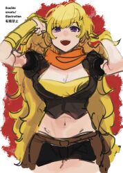 Rule 34 | 1girl, arms up, artist name, blonde hair, breasts, cleavage, highres, large breasts, legs, long hair, looking at viewer, midriff, navel, open mouth, purple eyes, rwby, smile, solo, thighs, yang xiao long